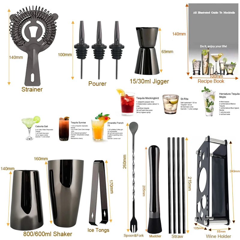 Cocktail Shaker Set 3-12 Black Rose Gold Bartender Tools With Rack