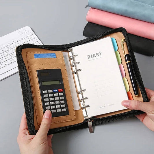 Leather  Folder  Cover Loose Leaf Zipper Notebook Binder With Calculator